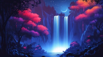 Beautiful cyberpunk forest of vibrant trees and glowing waterfalls under moonlight, captured in a dynamic retro-futuristic vector design