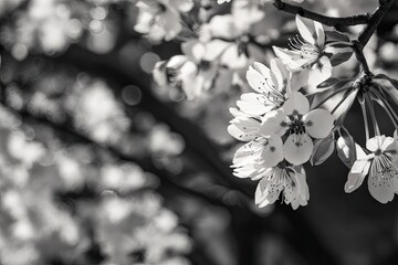 Wall Mural - Luminous Cherry Blossom Art Floral Decor on Black and White Background with Soft Bokeh Effects