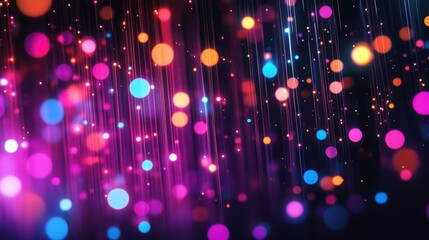 Blurry image of colorful neon lights against a dark backdrop, creating a dynamic, futuristic, microscopic photo effect