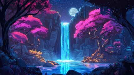 Cyberpunk-inspired futuristic forest with neon-colored trees, moonlight, and a radiant waterfall, designed in a dynamic vector style