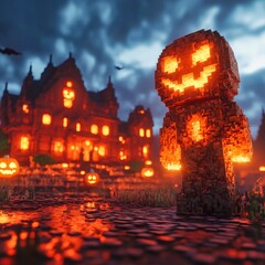 Wall Mural - Cobblestone path leading to spooky village lit by pumpkins at twilight