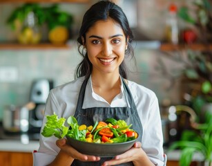 Young cook woman smiling holding salad bowl in kitchen