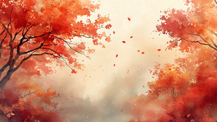 Aufkleber - A painting of autumn tree with orange leaves. The leaves are spread out and background is a mix of orange and white. painting has a warm and inviting mood