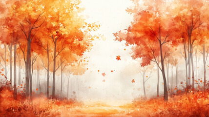 Aufkleber - A painting of autumn tree with orange leaves. The leaves are spread out and background is a mix of orange and white. painting has a warm and inviting mood