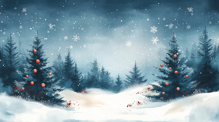 Poster - A painting of a snowy forest with red berries on the trees. The mood of the painting is peaceful and serene