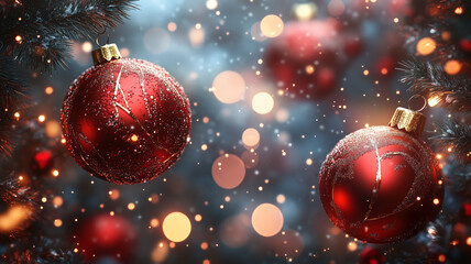 Poster - Three red Christmas ornaments are sitting on a red background