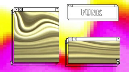 Poster - animation of digital interfaces with funk text and golden shapes on colourful background
