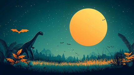 Halloween Dinosaurs  Halloween dinosaur s under a full moon, spooky atmosphere, flat design illustration