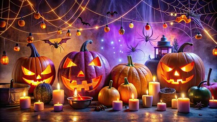 A festive Halloween party scene featuring a beloved cartoon icon in a spooky-themed setting, surrounded by glowing jack-o'-lanterns, cobwebs, and vibrant orange and purple decorations.