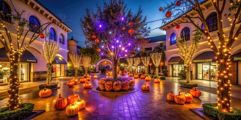 A festive Halloween display with orange and purple lights illuminates the interior courtyard of a bustling upscale shopping center in a Los Angeles suburb.