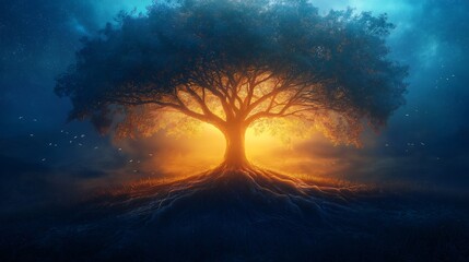 Wall Mural - Glowing Tree of Life Night Landscape