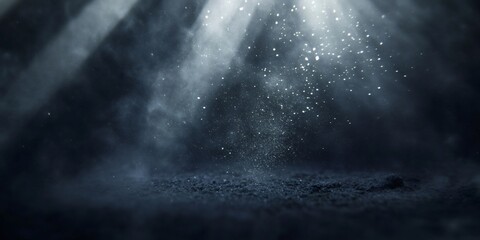 Poster - Abstract dark blue background with glowing white dust particles, beams of light and fog.