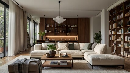 living room interior mock up, modern furniture and decorative objects placed in a classic way