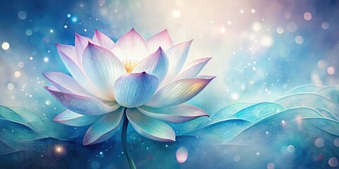 Delicate, dreamy watercolor depiction of a majestic lotus flower, with soft petals and intricate details, set against a subtle, gradient blue background.