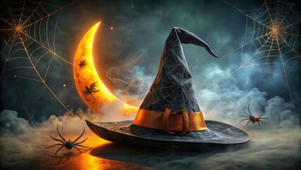 Ominous black witch's hat adorned with cobwebs, spiders, and a glowing orange crescent moon, casting an eerie shadow on a dark and foreboding Halloween night.