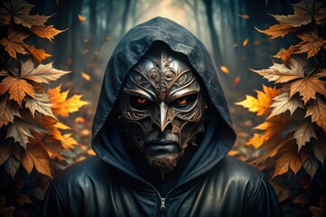 Wall Mural - Ominous mask worn by a shadowy figure lurking in darkness, surrounded by eerie autumnal atmosphere, evoking a sense of foreboding and sinister intent.