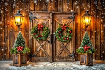 Rustic wooden saloon doors adorned with merry holly and festive lanterns, surrounded by snowflakes and twinkling stars, evoke a nostalgic Wild West holiday atmosphere.