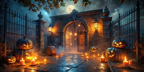 Wall Mural - Spooky abandoned asylum entrance lit by candles, fog machines, and jack-o-lanterns, setting the eerie tone for a thrilling Halloween night horror experience.