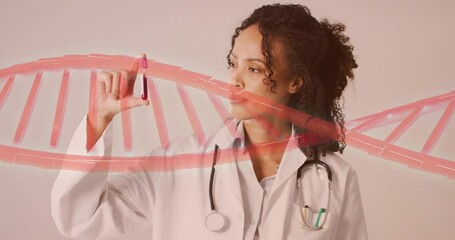 Poster - Animation of dna strand over african american female doctor holding vial