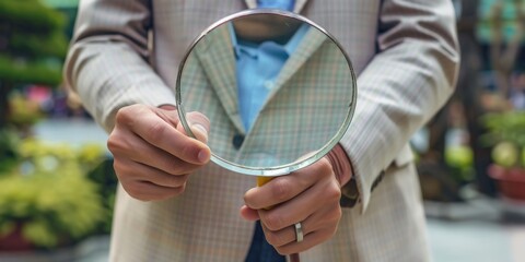 Businessman looking through a magnifying glass, searching, monitoring the situation, Generative AI.