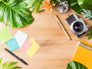 Wall Mural - Flat Lay Tropical Plants Camera Pens Notes Wooden Background