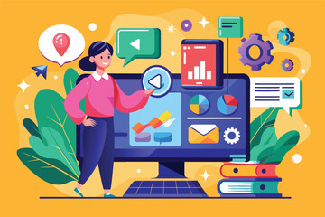 Leinwandbilder - A professional engages with digital content and data visuals on large screens in a creative workspace featuring vibrant colors and diverse technology