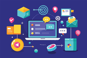 Fototapete - A woman interacts with digital task management tools while surrounded by colorful icons related to productivity and organization in a modern workspace