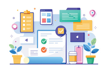 Aufkleber - Digital interface illustrating various elements of project management including tasks, notifications, and user profiles displayed in a colorful format with icons and illustrations