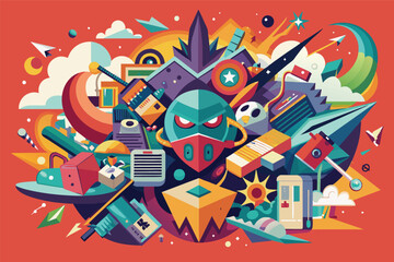 Fototapete - Colorful abstract digital artwork showcasing a blend of various shapes, objects, and vibrant colors on a yellow background, highlighting creativity and imagination