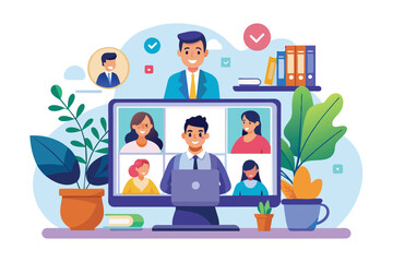 Poster - Virtual team meeting with participants engaged in discussion through video conferencing, surrounded by plants and colorful graphics