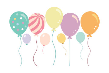 Poster - Colorful balloons in pastel shades arranged in a row with bows, perfect decoration for a celebration or party setting at a joyful gathering