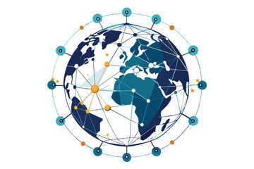 Poster - A digital representation of the Earth surrounded by interconnected lines and nodes, symbolizing global connectivity and information exchange in a modern, abstract style