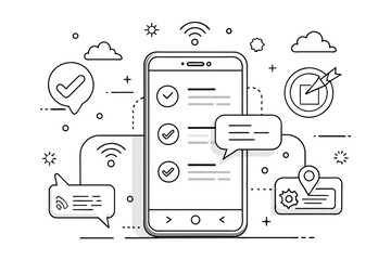 Aufkleber - A smartphone displaying a checklist with notifications, messages, and symbols representing communication and productivity