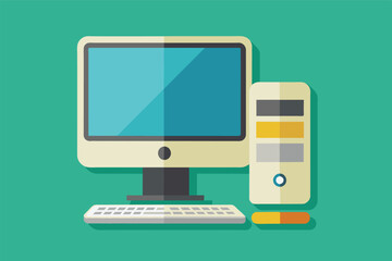 Aufkleber - A modern workspace setup featuring a computer, filing cabinets, and folders on a vibrant orange background, ideal for productivity and organization