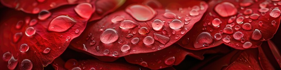 Poster - Vibrant red rose petals adorned with water droplets, showcasing delicate dried petals amidst clear water drops.