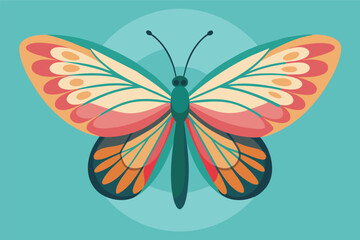 Poster - A colorful butterfly with intricate wing patterns resting against a teal background, showcasing its vivid orange, green, and cream colors in a serene and artistic setting