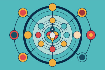 Poster - A colorful abstract representation of an atom's model featuring concentric circles and diverse orbits illustrating energy levels in a vibrant design