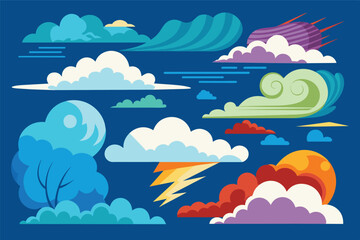 Wall Mural - Colorful celestial illustration depicting various clouds, planets, and cosmic elements against a dark blue background with vibrant colors and whimsical designs