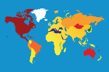 Poster - Colorful world map depicting geographic regions and continents with distinct colors representing different areas captured against a light blue background
