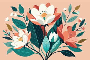 Poster - A vibrant bouquet of stylized flowers with green leaves and delicate petals arranged artistically on a soft beige background, showcasing nature's beauty and creativity