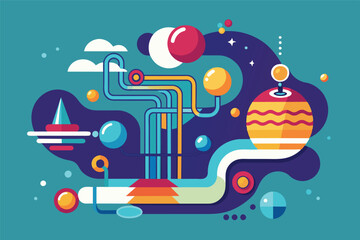 Poster - Colorful abstract illustration showcasing planets, clouds, and water elements in a dynamic flow against a dark background, emphasizing a connection between nature and motion
