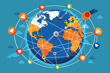 Poster - A colorful representation of Earth interconnected by a web of digital nodes, illustrating global connectivity and networking in a modern context