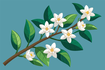 Poster - A vibrant branch showcasing delicate white flowers and green leaves in a fresh, minimalist design set against a soft pastel background