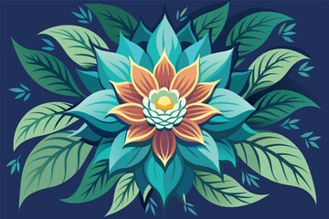 Poster - Colorful mandala design featuring intricate floral patterns and lush green leaves against a vibrant blue background
