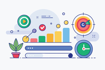 Leinwandbilder - Colorful and engaging digital illustration of data analytics concepts including charts, graphs, and icons depicting productivity and time management in a modern workspace