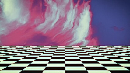 Poster - animation of black and white squares over red shapes on blue background