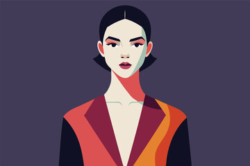 Aufkleber - Stylized illustration of a woman standing confidently in a modern dress against a soft pastel background, showcasing contemporary fashion and design elements