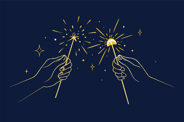 Two hands holding sparkler wands, celebrating a festive occasion under a starry night sky with dazzling fireworks in the background