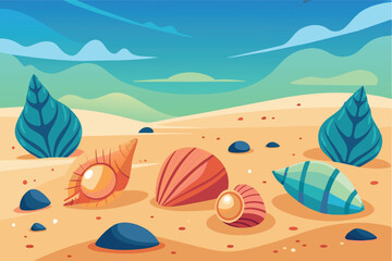 Poster - Colorful shell collection on a sandy beach with gentle waves in the background during a sunny day, showcasing unique shapes and patterns