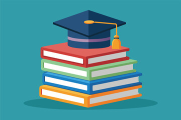 A colorful stack of books with a graduation cap on top, symbolizing academic achievement and education, exemplifying knowledge and success in learning